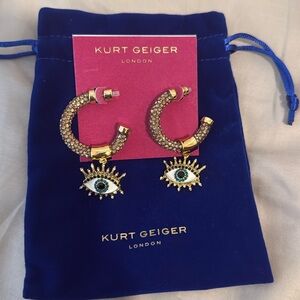 KURT GEIGER LONDON Pavé Evil Eye Charm C Hoop Earrings in Gold Tone